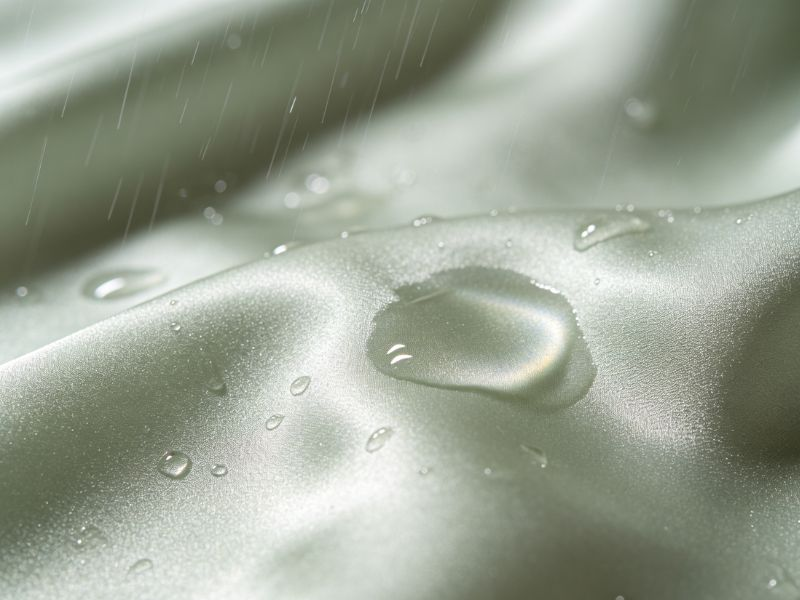 Silk fabric in a context related to rain exposure, illustrating the effects of water spots or demonstrating care tips for maintaining silk garments