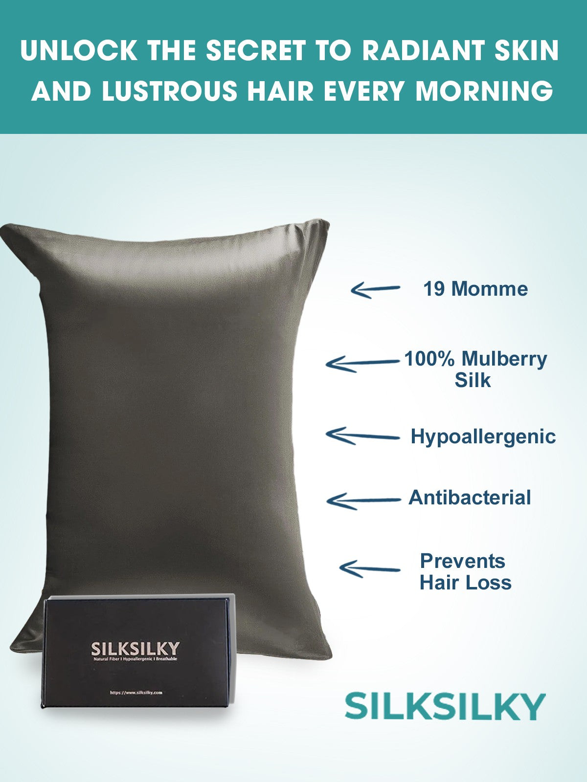 100% Mulberry Silk Pillowcase with Envelope Closure - [Dark Gray] SilkSilky Pillowcase 003