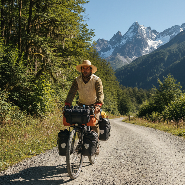 A cyclist on a loaded touring bike riding through a scenic outdoor landscape, wearing layered natural fiber clothing designed for adventure.