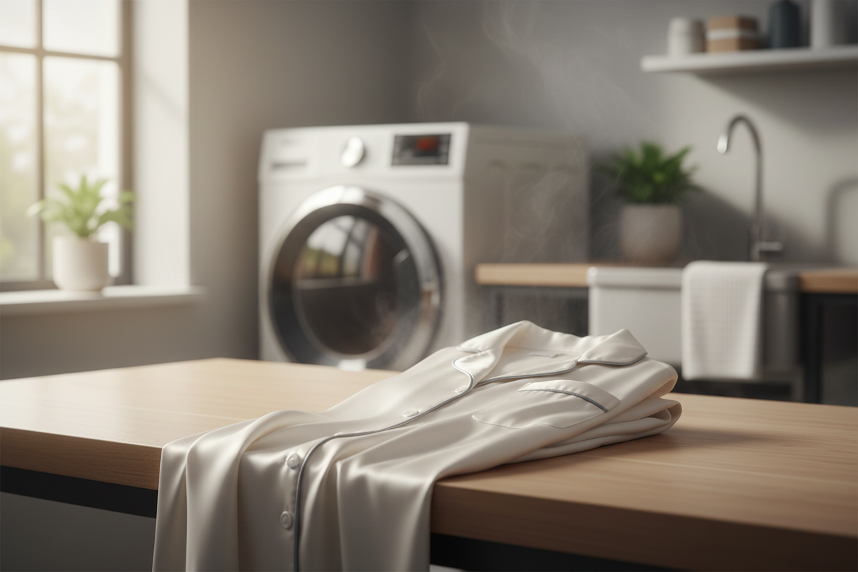A silk pajama set being gently refreshed in a modern laundry room setting, showing a careful fabric-care routine.