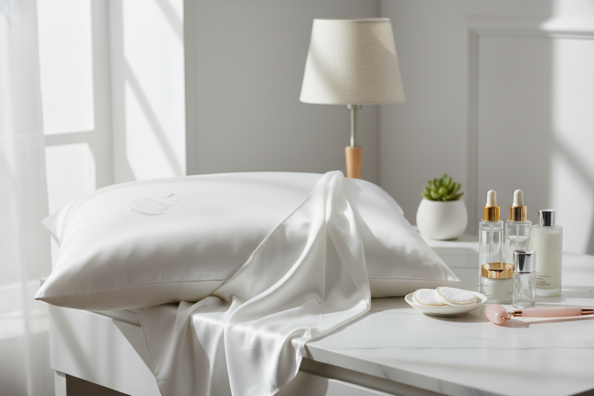 Silk pillowcase with faint night cream residue beside a vanity setup