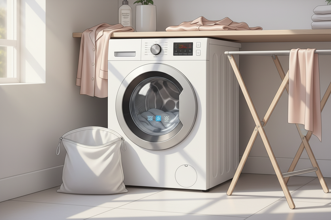 Silk garment care setup with gentle washer settings and air drying
