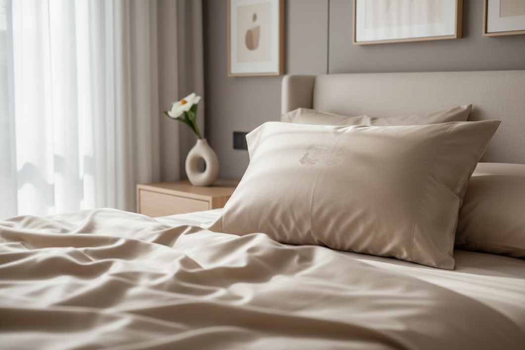 Luxury silk bedding in an editorial bedroom scene with subtle skincare residue near the pillow area