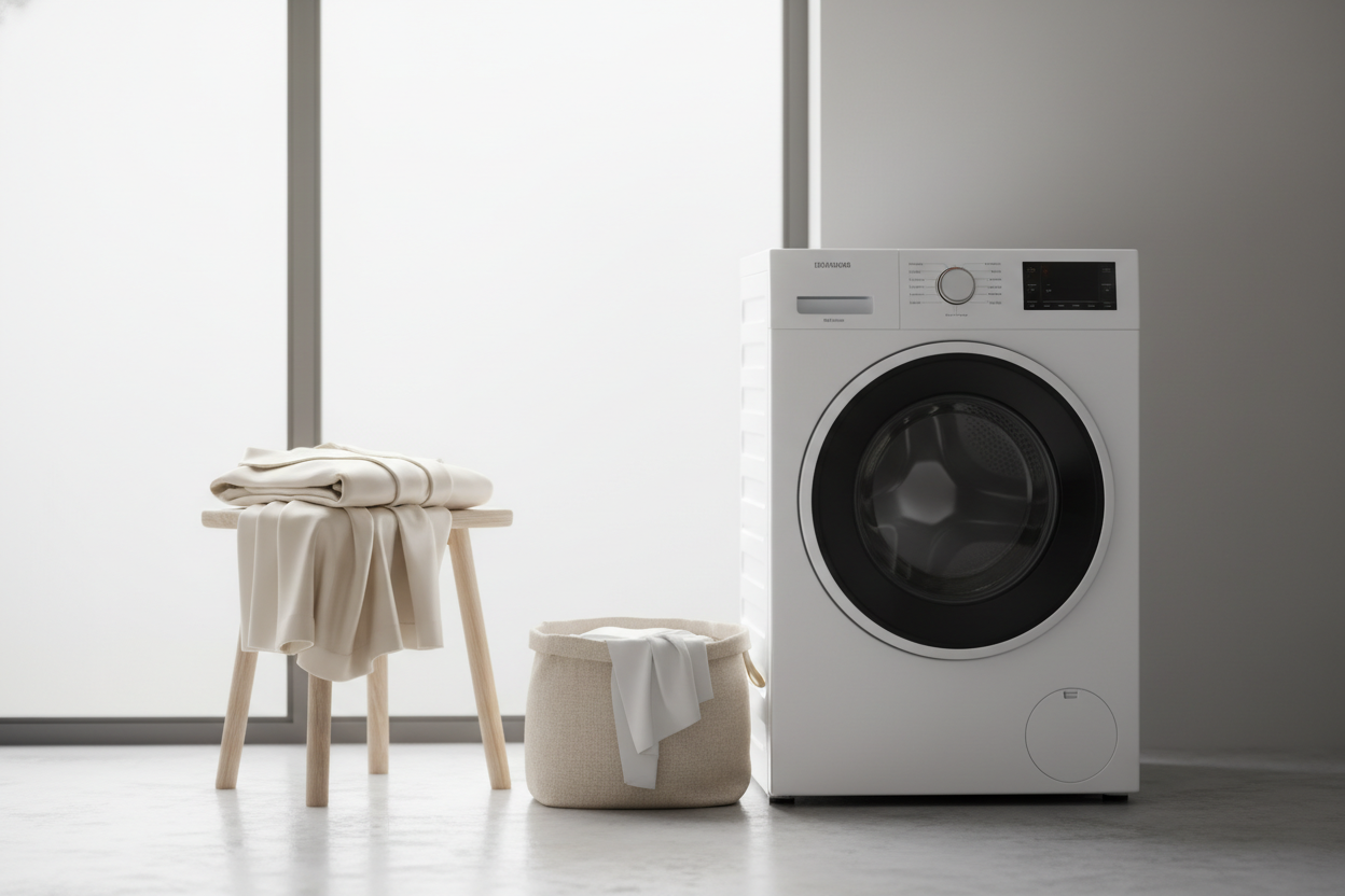 Silk garment with a laundry bag beside a smart washing machine, illustrating cautious auto-dose washing