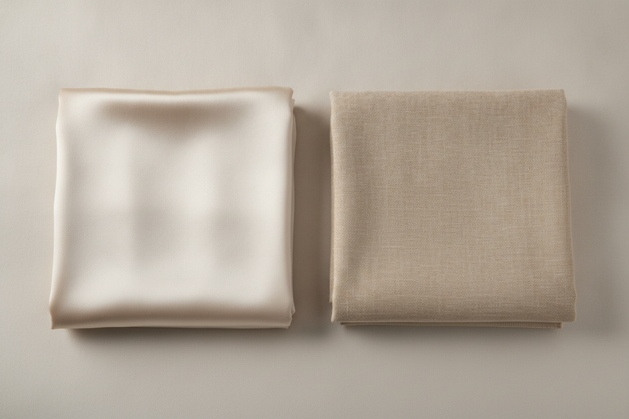 Two silk sleepwear fabrics side by side, one smooth mulberry silk and one more textured tussah silk