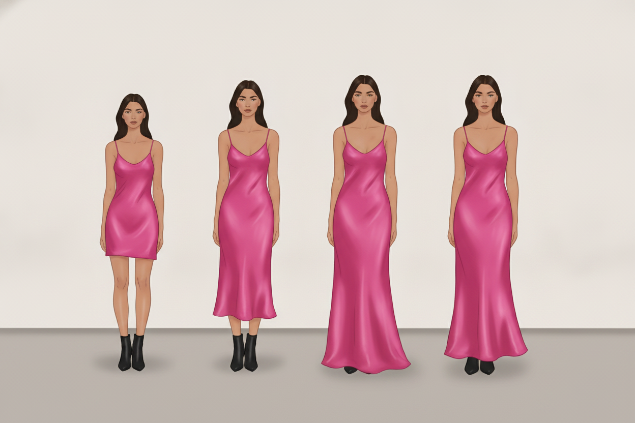 Illustration of four silk dress silhouettes in different lengths, from mini to maxi, arranged side by side for comparison.