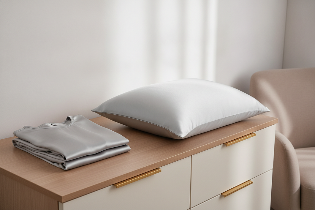 Folded silk sleepwear and a silk pillowcase on a clean dresser
