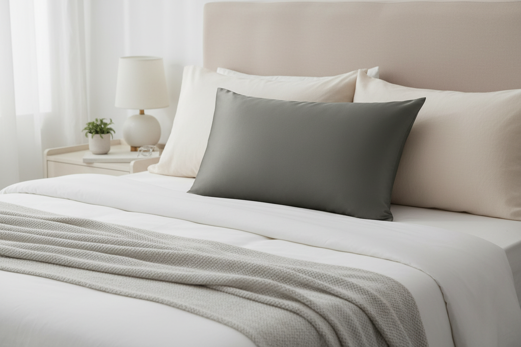 Silk pillowcase on a neatly made bed with soft premium styling