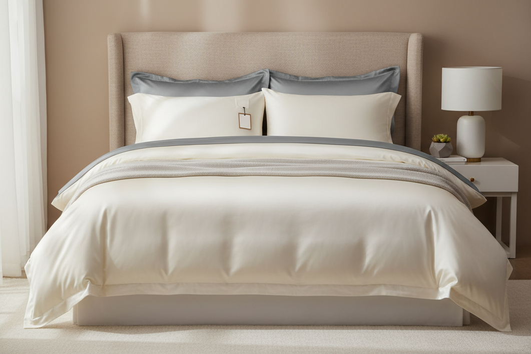 Silk bedding set laid out on a neatly made bed in a bright bedroom, with a certification tag and fabric details visible for a buyer checking a product listing.