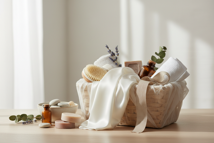 A curated self-care gift basket with a silk pillowcase, sleep accessories, and calm packaging arranged as a premium gift