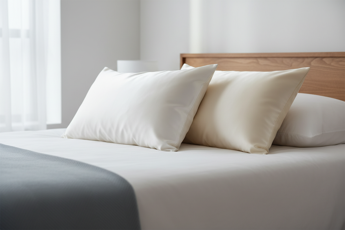 Side-by-side bed pillowcases with one smooth natural silk pillowcase and one glossy satin pillowcase in a bright bedroom setting