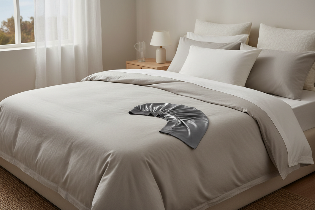 Silk pillowcase and bonnet arranged on a bed for overnight hair protection