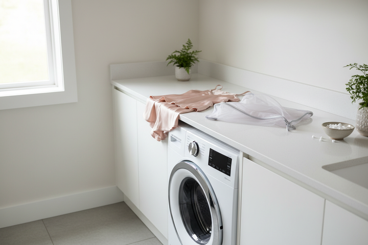 Luxury silk sleepwear laid out near a clean front-loading washer, showing a careful laundry setup before washing delicate fabric.