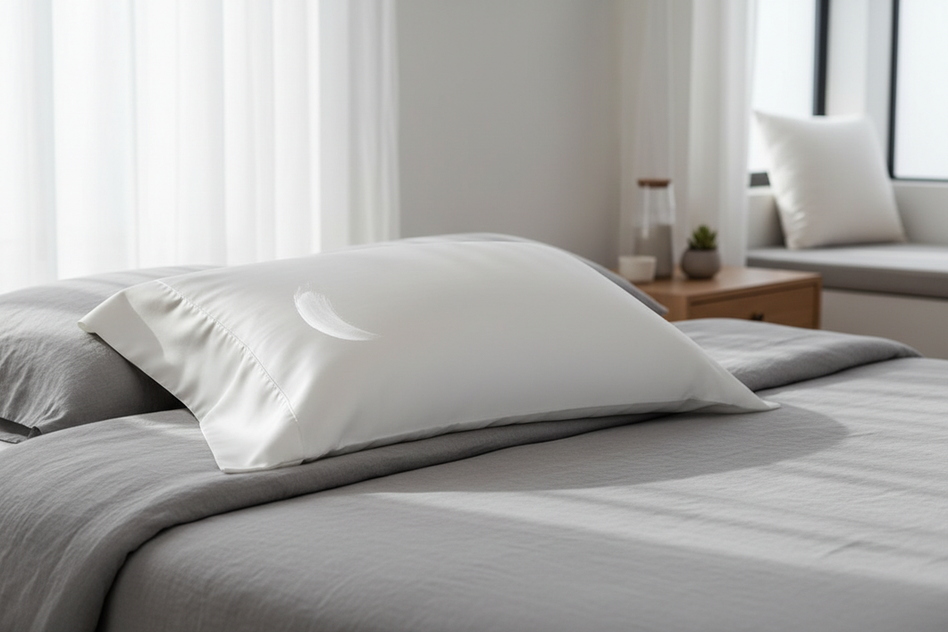Silk pillowcase with visible white residue from skincare products on a bed after overnight use