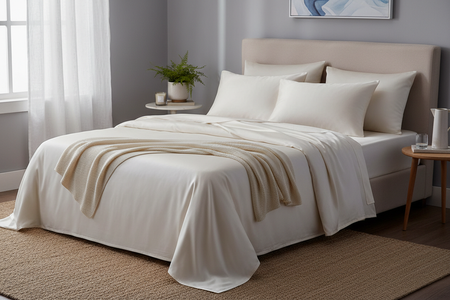 A silk bedding setup on a neatly made bed, styled to suggest a cool, comfortable sleep surface in a calm bedroom
