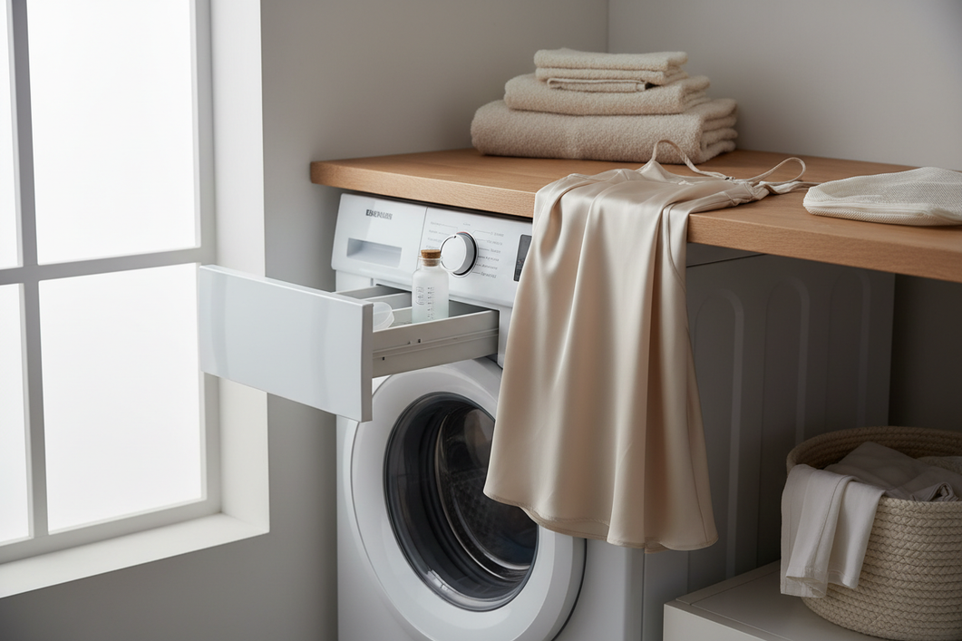 Washing machine with a detergent drawer open beside a silk garment and a delicate laundry setup