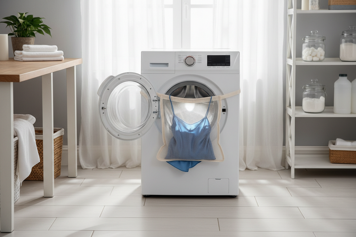 Top-loading washing machine with a delicate silk garment inside a mesh laundry bag, shown as a general laundry care hero image