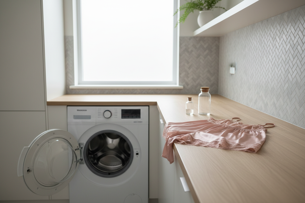 Silk pajamas laid out beside a washing machine with the lid open, showing a no-steam laundry setup for delicate fabric care