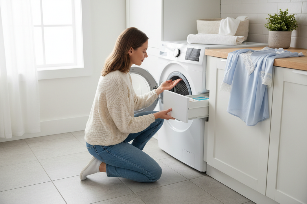 Person checking a washing machine drum and detergent dispenser before washing a silk garment