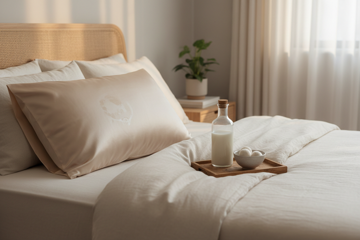 Silk pillowcase with a faint facial oil stain on a bed, shown with gentle laundry care items nearby