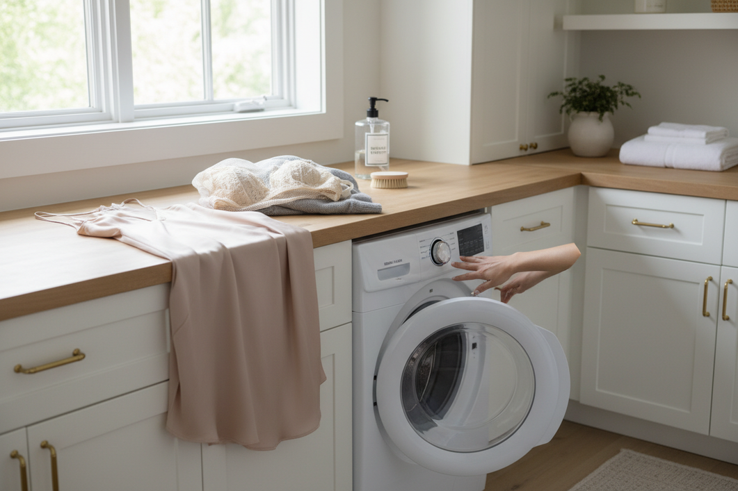 Silk blouse and delicate laundry items arranged for careful machine washing in a laundry room