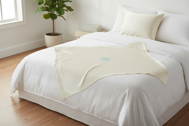 A white silk pillowcase with a faint blue-green skincare stain on a bed, shown as a soft editorial hero image