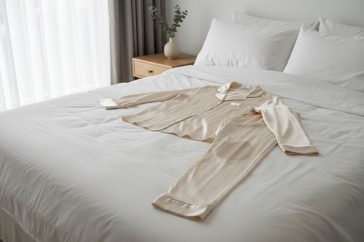 Silk pajamas laid neatly on a bed with one visibly shiny area on the fabric after washing