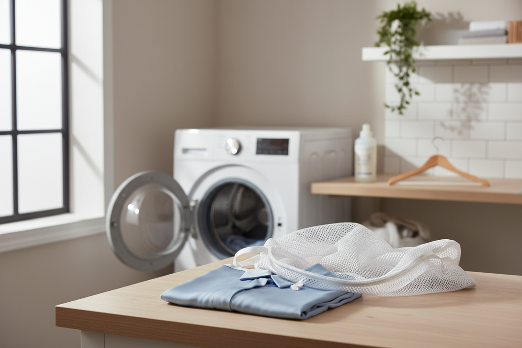 A silk blouse and a mesh laundry bag beside a washing machine, showing a gentle laundry setup for delicate fabric care