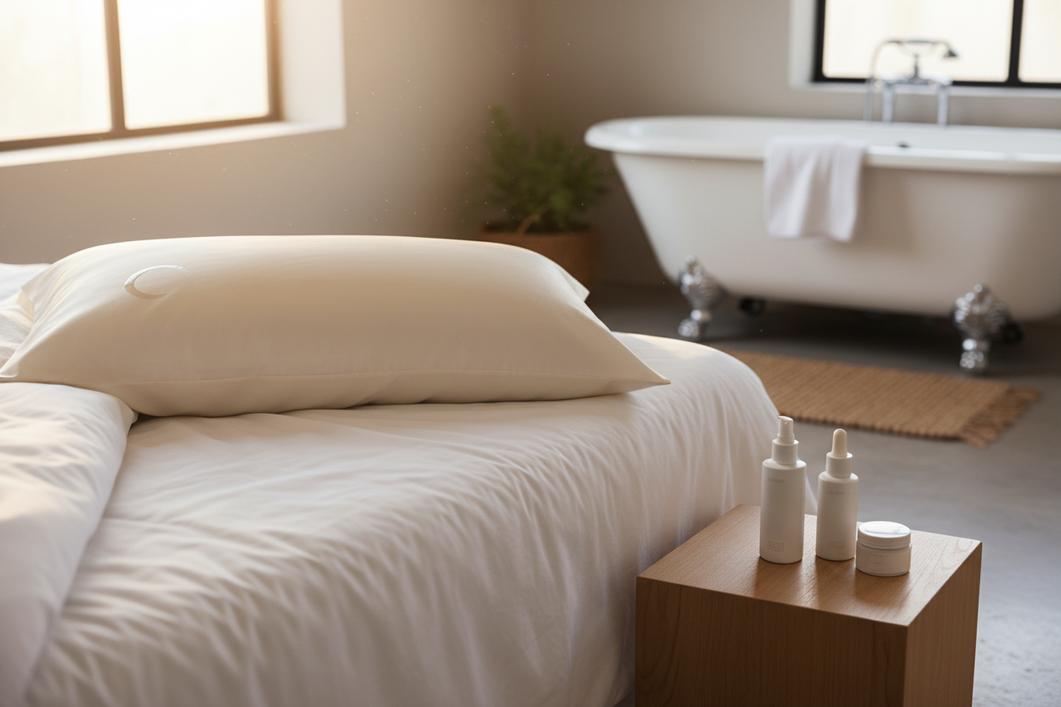 Silk pillowcase on a bed beside skincare products after overnight use, showing a faint oil mark and a gentle cleaning setup