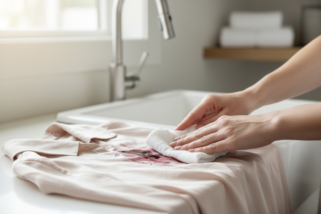 Spilled liquid on a silk garment being gently blotted with a white cloth near a sink