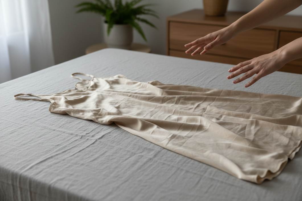 Silk garment laid out for inspection before washing after humid storage, with faint discoloration and a musty look.