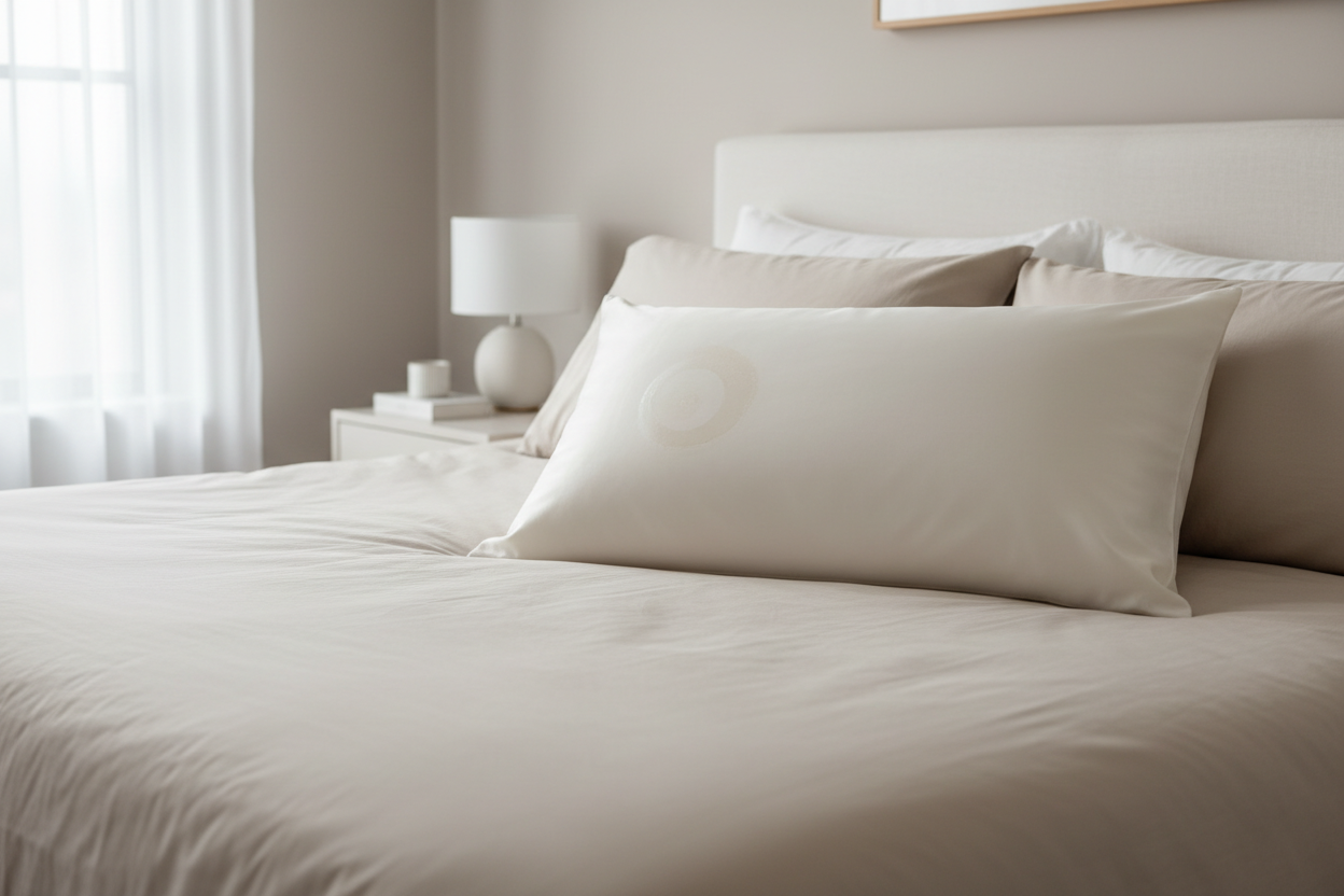 Silk pillowcase laid flat with a faint skincare residue area visible in soft daylight