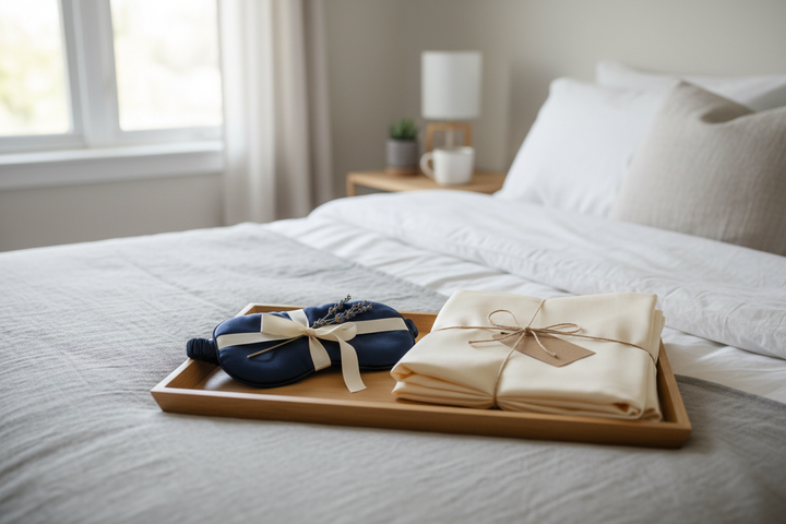A silk eye mask and a silk pillowcase arranged as birthday gifts on a neatly made bed