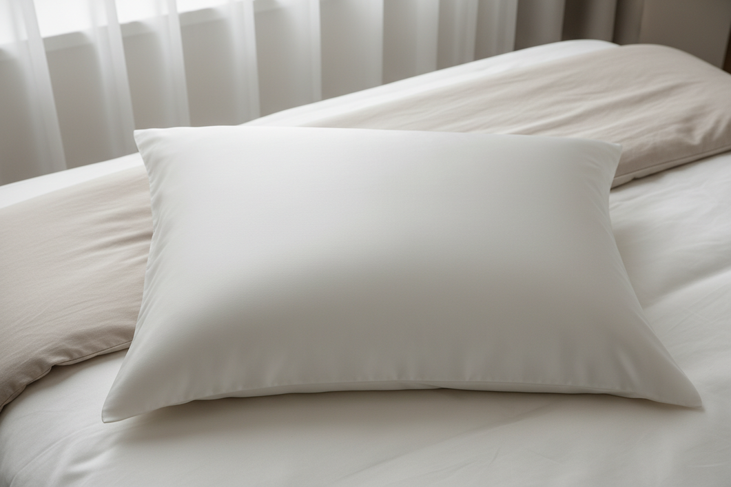 Close-up of a silk pillowcase laid flat on a bed, showing the fabric’s smooth drape and subtle sheen