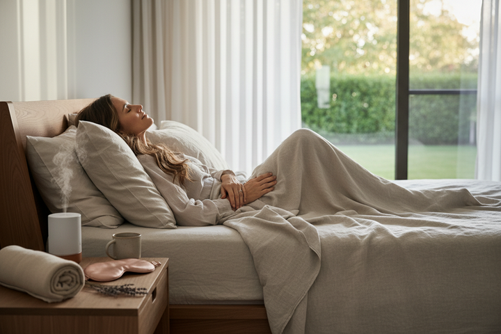Woman resting in bed with a silk sleep eye mask and matching bedtime accessories on a nightstand
