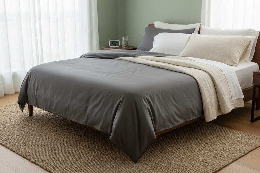 A neatly made bed with a smooth pillowcase and breathable-looking bedding in a warm bedroom, showing a cozy sleep setup for hot sleepers.