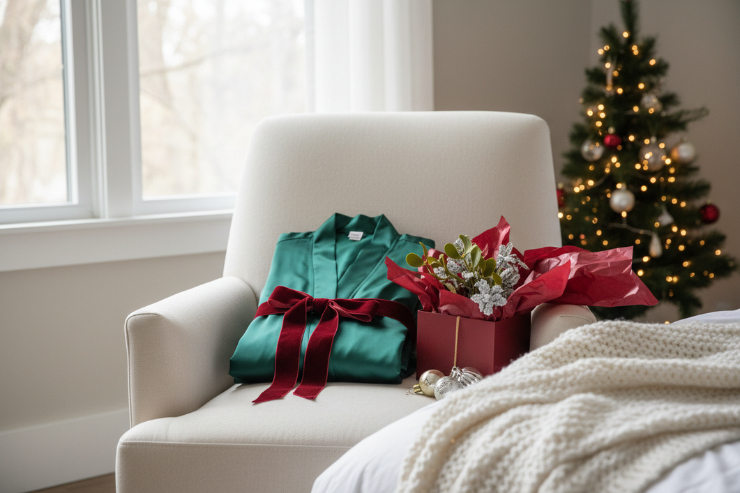 Holiday silk robe gift on a bed with soft winter decor