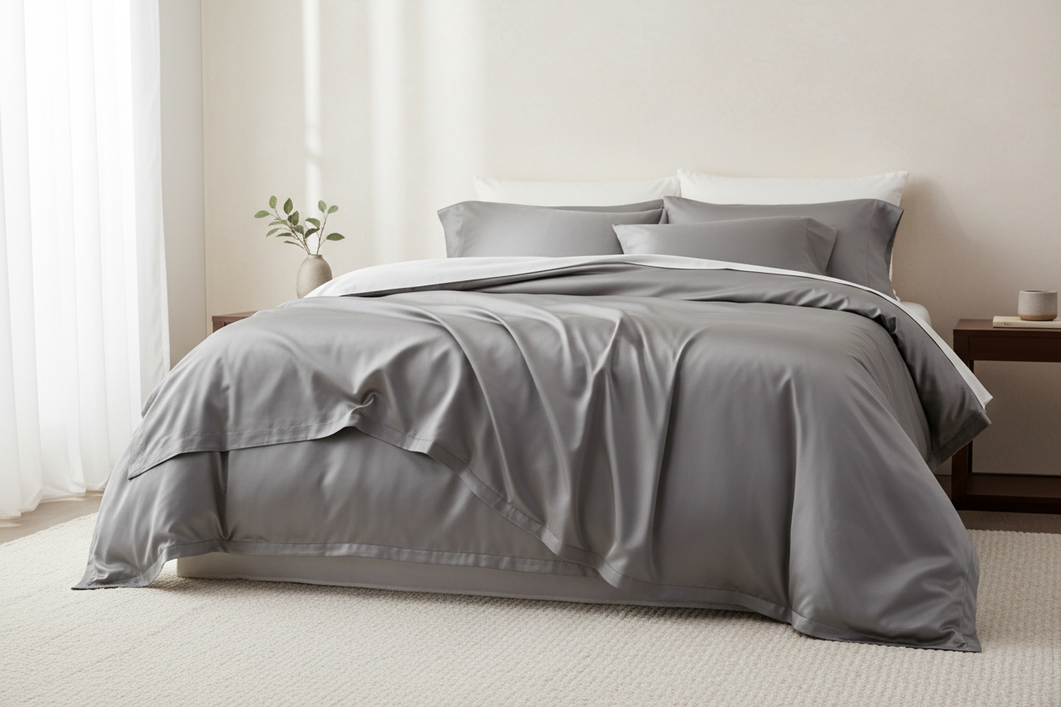 Close-up of a silk bedding item laid neatly on a bed, showing a smooth, lustrous surface and fine fabric texture