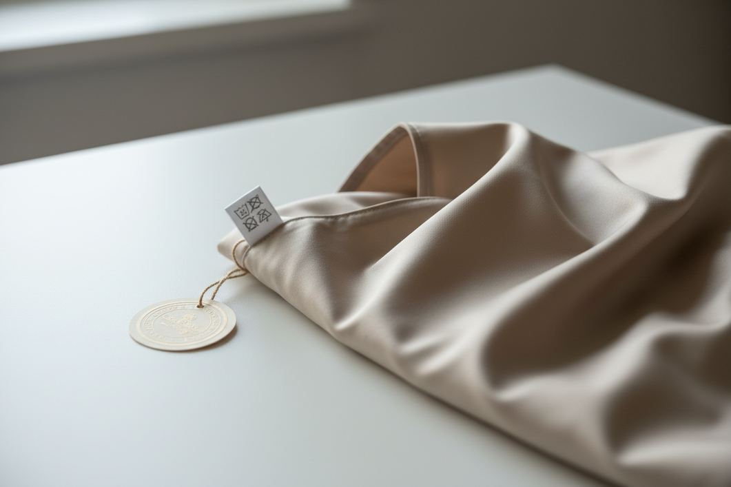 Close-up of a silk fabric care tag and certification-style hang tag on a folded bedding item