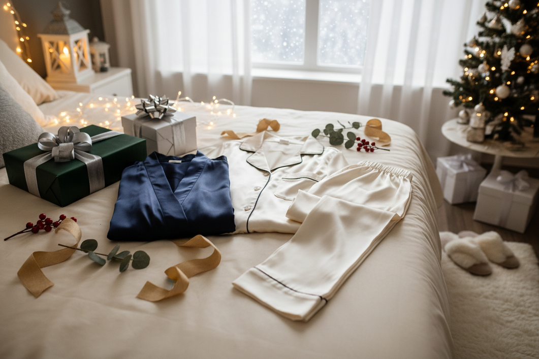 Elegant silk robe and pajama set styled as holiday gift ideas on a bed