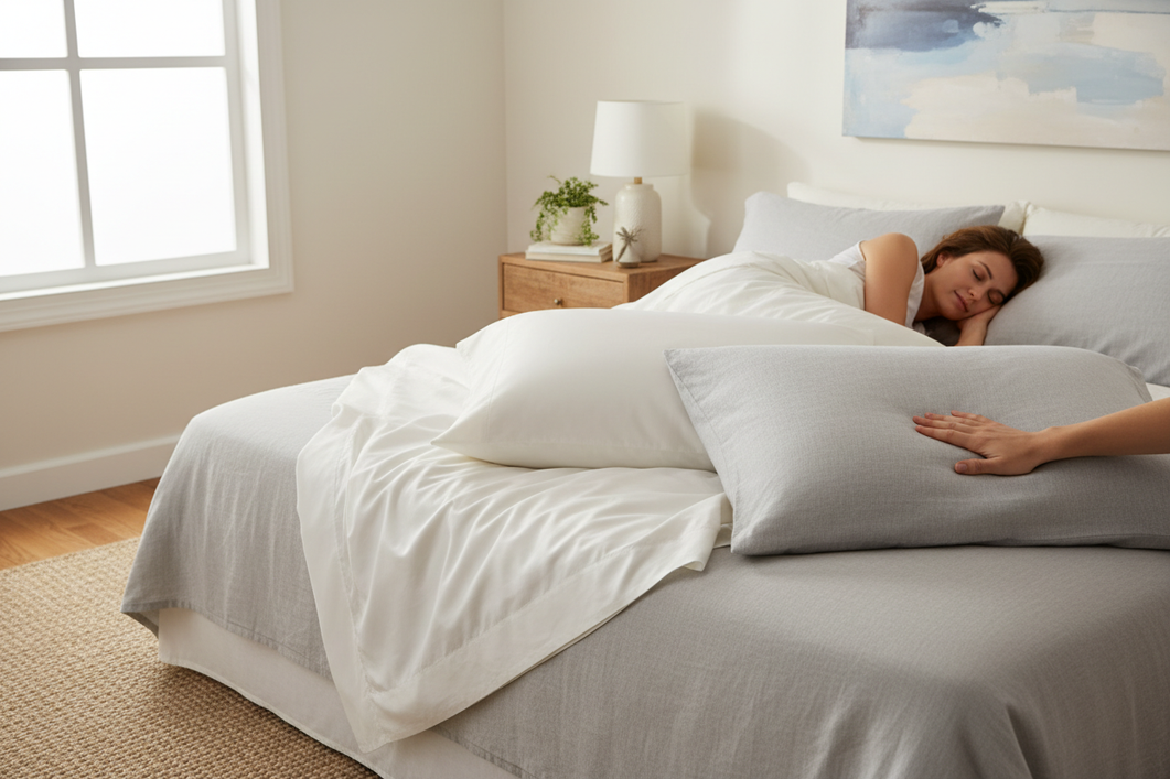 Silk and satin pillowcases on a neatly made bed beside a sleeping person, showing a smooth nighttime sleep setup