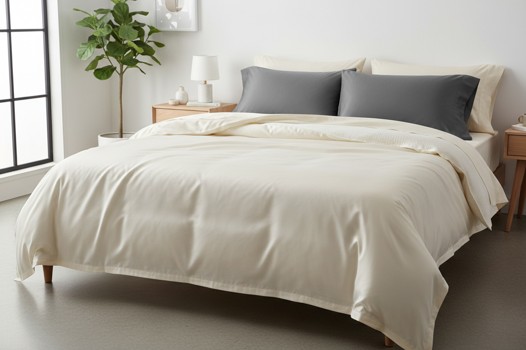 Silk pillowcases and bedding arranged on a neatly made bed to compare fabric weight and drape.