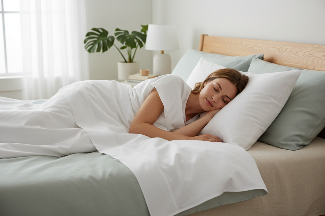 Silk pillowcase on a neatly made bed with a person resting their head, showing a smooth sleep surface for hair and skin comfort