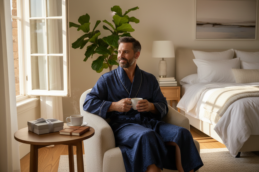 Man in a silk robe standing in a bright bedroom, styled as a Father’s Day gift idea for men