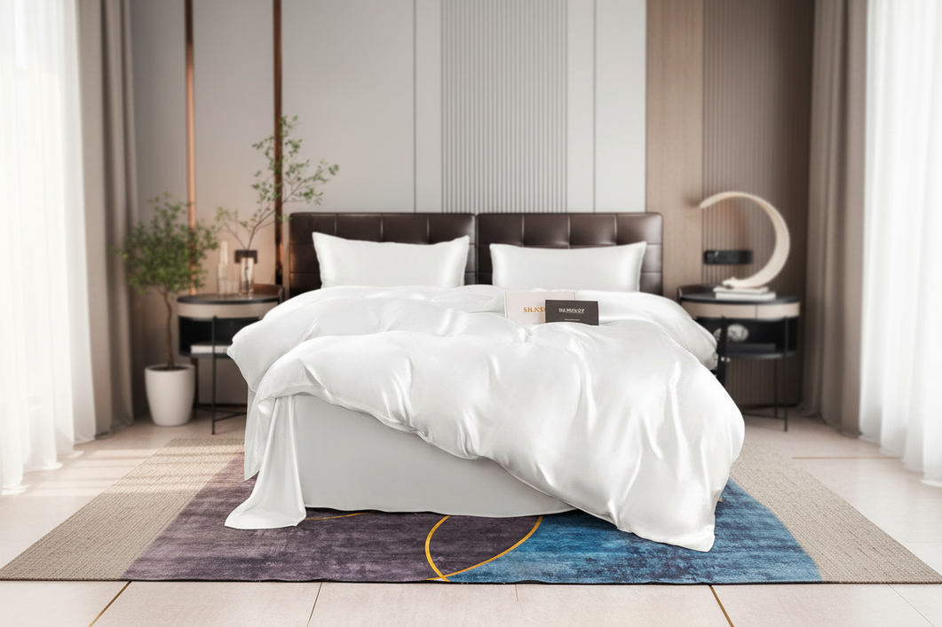 Silk bedding set on a neatly made bed in a bright summer bedroom