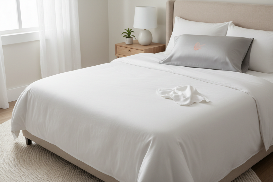 Silk pillowcase with fresh makeup smudge and a soft cloth beside it on a bedroom bed