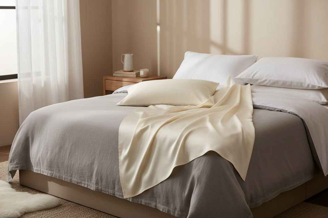 Silk pillowcase on a bed with soft natural light, showing a subtle loss of sheen after washing