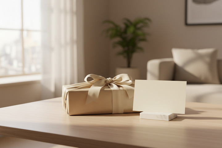 Silk gift note card next to a wrapped luxury sleepwear gift on a softly lit tabletop