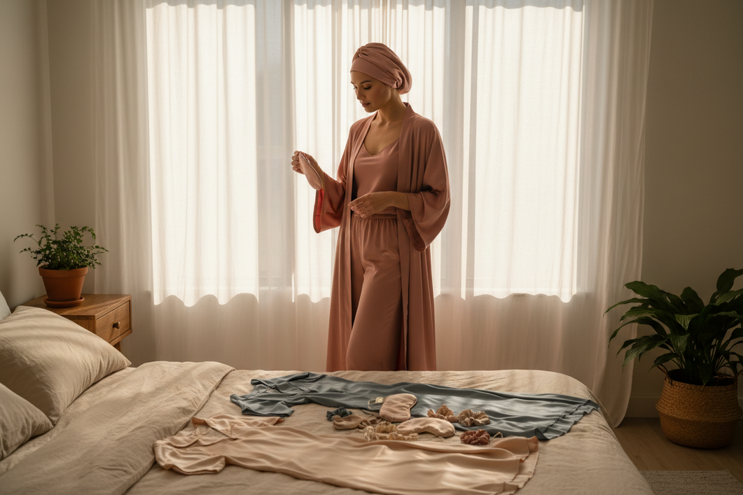 Woman in a silk robe over pajamas and a silk hair wrap, standing in a bedroom morning routine scene