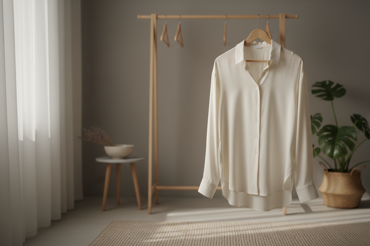 A silk shirt hanging neatly in a shaded, airy room with soft daylight and plenty of space around it